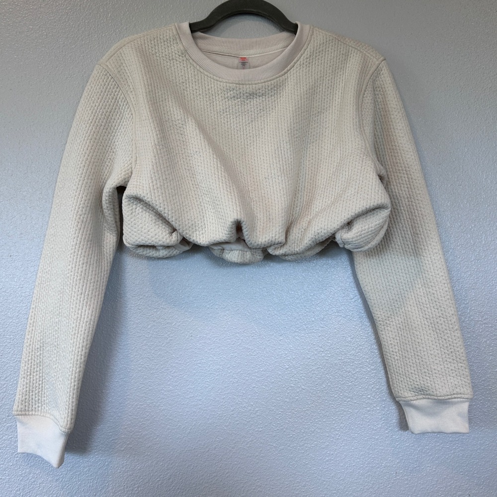 Mono‎ B Cream Textured Cropped Bubble Hem Sweatshirt Women's Small